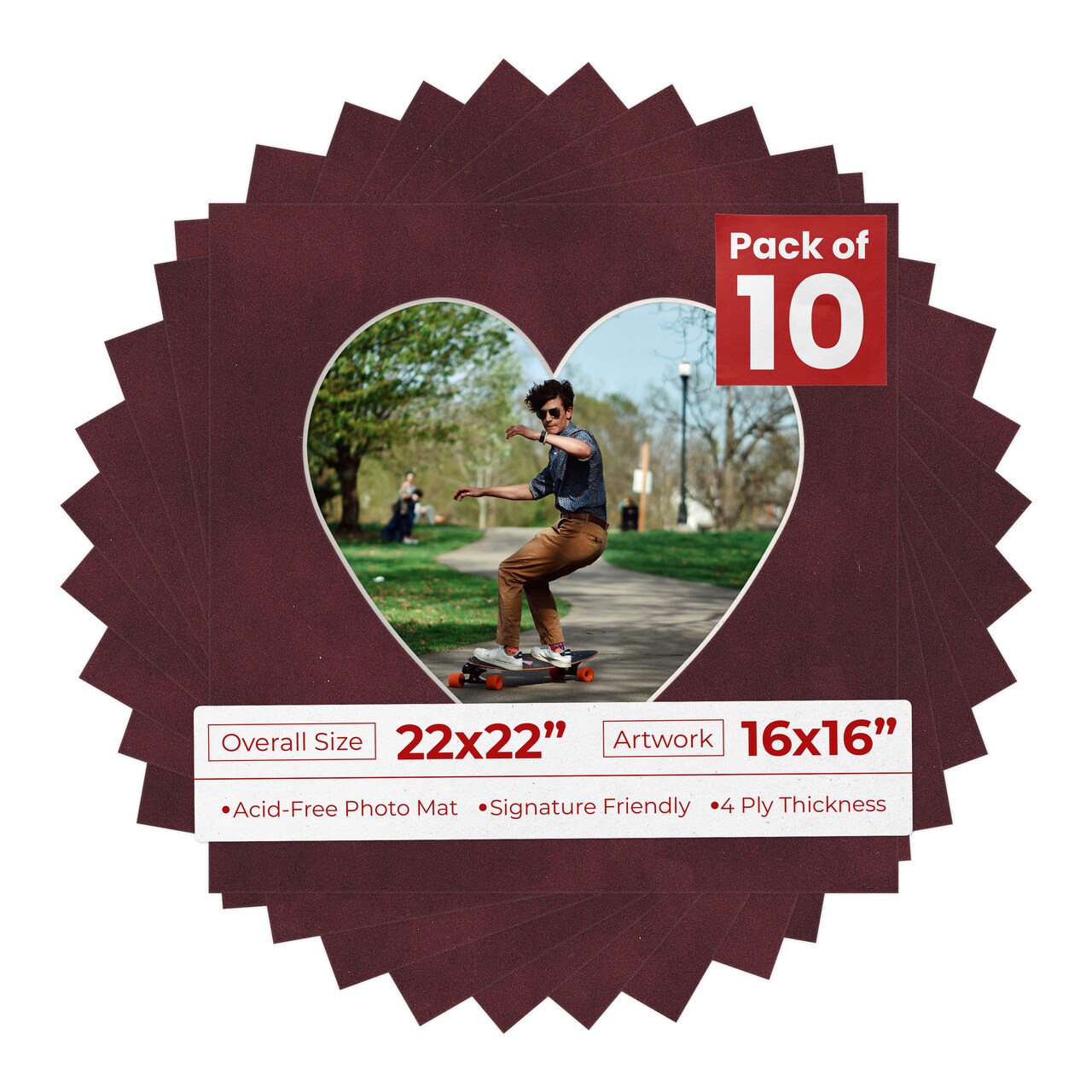 Dark Red Suede Mat Board for 22x22 Frames - Heart Opening for 16x16 Photos